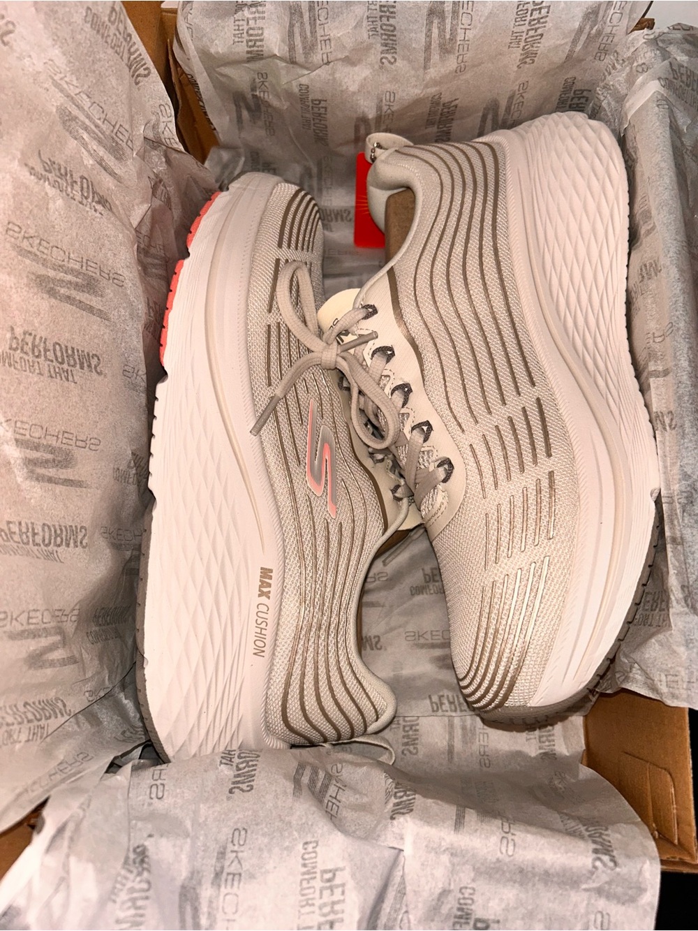 Skechers women’s Neutral Tan and Pink Max Cushion Walking Sneakers 8 Wide